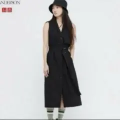 ユニクロ ＊ JWAndersonリネンブレンドラペルワンピース 黒 夏 M