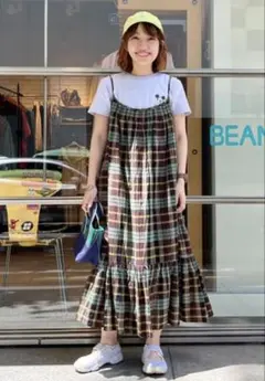 BEAMS LIGHTS チェック キャミソール ワンピース　BROWN