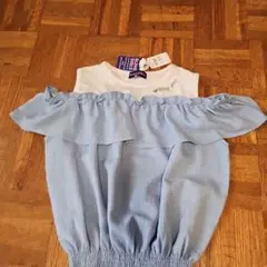 女の子 トップス オフショルダー フリルシャツ ホワイト・ブルー160
