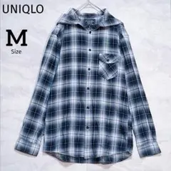 【ユニクロ】フランネルシャツ チェック柄 フード付き カジュアル M 黒系