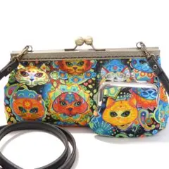 セット商品★がま口ショルダーバッグ＆小銭入れ メキシコの伝統柄風 猫柄 G376