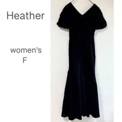 Heather 半袖 ロングワンピース 黒 レース パフスリーブ Vネック F