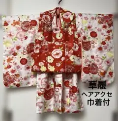 七五三　女の子　三歳　セット　着物　被布セット　3歳　女児　赤　白　鞠　桜①