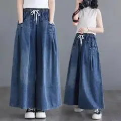 ワイドパンツ デニム ガウチョパンツ カジュアル ゆったり XL 楽ちん 普段着