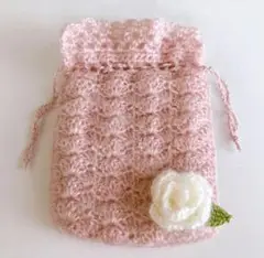 【美品】薔薇モチーフ付 フリル巾着袋/ポーチ