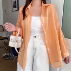 シアーシャツ 長袖 シフォン シースルーシャツ 透け感 無地 シンプル オレンジ