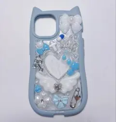 iPhone15 デコ デコケース デコ電 ブルー 量産型