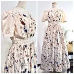 美品ヴィンテージ花柄ロングワンピースパフスリーブフラワーレース切り替え大人可愛い