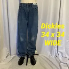 Dickies ワイドデニムパンツ 34×34 インディゴブルー　濃いめ ヒゲ