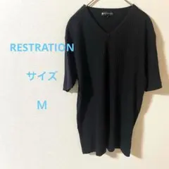 RESTRATION リブ編み ブラック Vネック 半袖Tシャツ