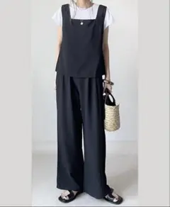 セットアップ トップス パンツ ポケット 体型カバー スクエアネック ブラック