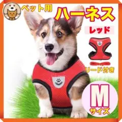 ペット用ハーネス リード付き Mサイズ レッド お散歩 お出かけ ペット 犬 猫