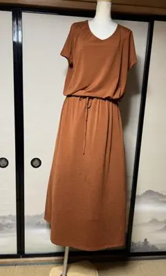 francaise オレンジ 半袖 Vネック ロングワンピースM
