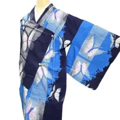 ユ22洗える夏着物　浴衣　蝶　綿　美品