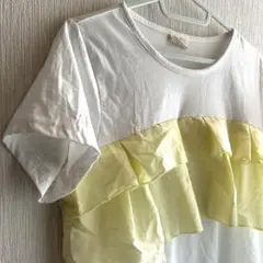 フリル付き半袖Tシャツ ホワイト/イエロー　推し活Tシャツ