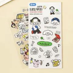 韓国 ドローイングキャラクター ステッカー シール 4枚入り 手書き 落書き