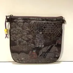 【特価】着物リメイク　大島紬　ラウンド型2wayポーチ　源氏絵巻