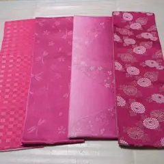 ピンク チェック、桜の花、トンボ、菊の花、帯ハギレ 4点セット