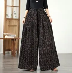 オシャレ 大きいサイズ ワイドパンツ プリント 着痩せ カジュアル デニム