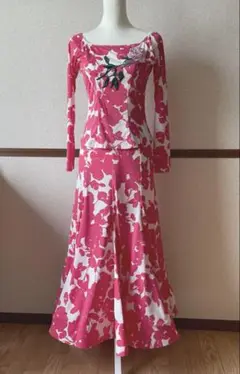 【ハンドメイド品】社交ダンス　セットアップ　ピンク　花柄　ローズ　Mサイズ