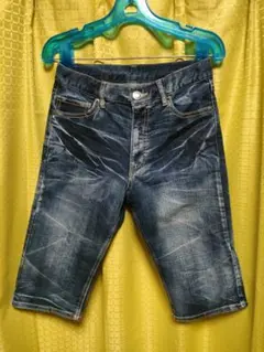 ダークブルー デニム ストレッチ ハーフ パンツ