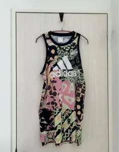 【美品】adidas ロゴ 総柄 ノースリーブ ミニワンピース Lサイズ