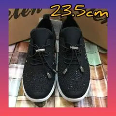 23.5cm レディース 新品 幅広 ビジュー付きスリッポン スニーカー 黒