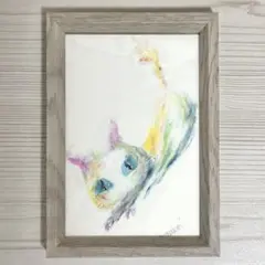 猫の絵　クレパス画 原画 額入り
