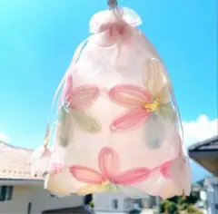 パステルフラワー花柄メッシュ巾着袋 スパンコールチュール オーガンジー巾着袋②