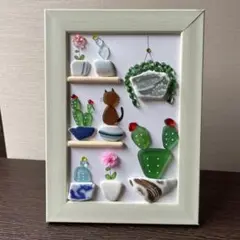 シーグラスアート　ネコとサボテン②