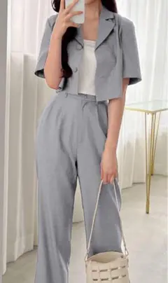 GRL ショート丈シャツフレアパ ラメシアーショートシャツ ンツセットアップ