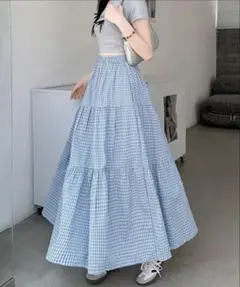 スカート ギンガムチェック柄ティアードロングスカート
