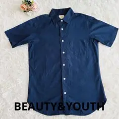 【美品】BEAUTY&YOUTH 小紋柄半袖シャツ M 紺