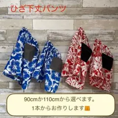 ひざ下丈パンツ(90cm・110cm)赤ハイビスカス&モンステラ、青ハイビスカス