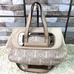 【美品】 ロエベ リピートアナグラム ハンドバッグ ベージュ オールレザー