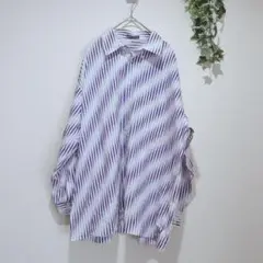 【レイジーヒルズ】メンズ　紫と白のストライプシャツ　50サイズ　日本製