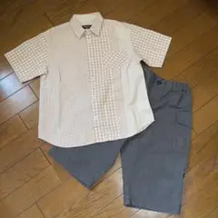 COMMECAISMキッズ半袖チェックシャツとグレーハーフパンツセット130cm