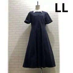 白襟レース　清楚　紺　ネイビー　半袖ワンピース　制服メイド図書館純喫茶好きにLL