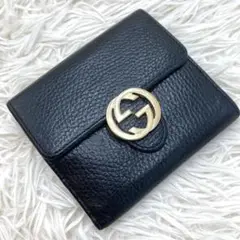 美品✨ グッチ 折り財布 インターロッキング G Wホック ゴールド金具 黒色