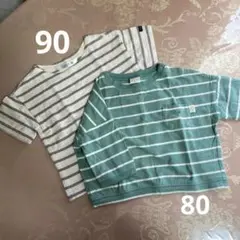 保育園着ベビーストライプTシャツ2枚セット（紫:半袖90、緑:長袖80）