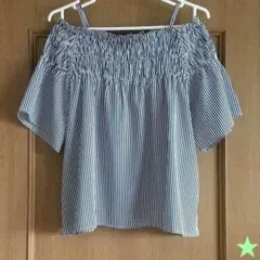 【Doubulfocus】オフショルダー ブルー×白ストライプブラウス Mサイズ