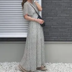 【2点目15%OFF】GRL フレアスリーブダルメシアン柄カシュクールワンピース