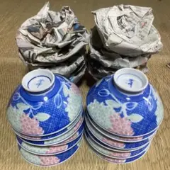 青色とピンク色の花柄飯碗 20セット