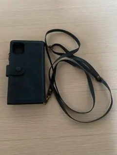 ダークブルー レザー風 iPhone11手帳型ケース　ショルダー　スマホケース