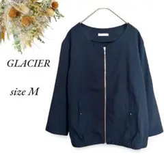 美品 GLACIER ノーカラー春ジャケット M ネイビー ファスナー 3419