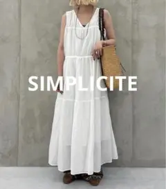 【シンプリシテェ】ティアードワンピース　ノースリーブ　リボン　洗える　綿　白