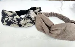クロスターバン　ハンドメイド　花柄　カフェオレ　無地　セット