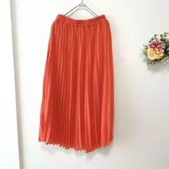 745【シュガーロース】ミモレ丈プリーツスカート　オレンジ　春夏　ウエストゴム