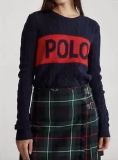 有名人着用♡ラルフローレン ロゴラインケーブルニットセーター ネイビー×レッド