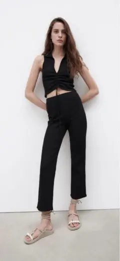 ZARA リブフレアパンツ ブラック 新品タグ付き